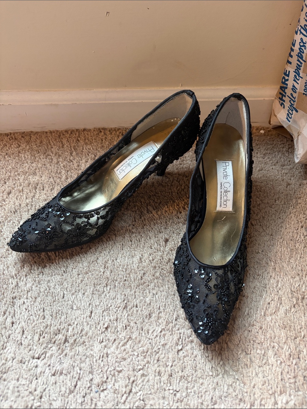 Vintage Private Collection Made in Hong Kong Black Beaded Lace Pointed-Toe Heels